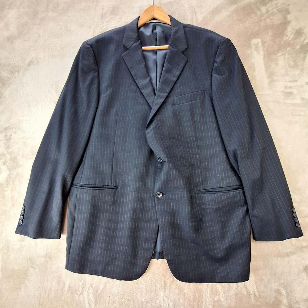 Hickey Freeman Suit Jacket Mens 46L Blue Wool Stripe Double Vent 2 Button USA